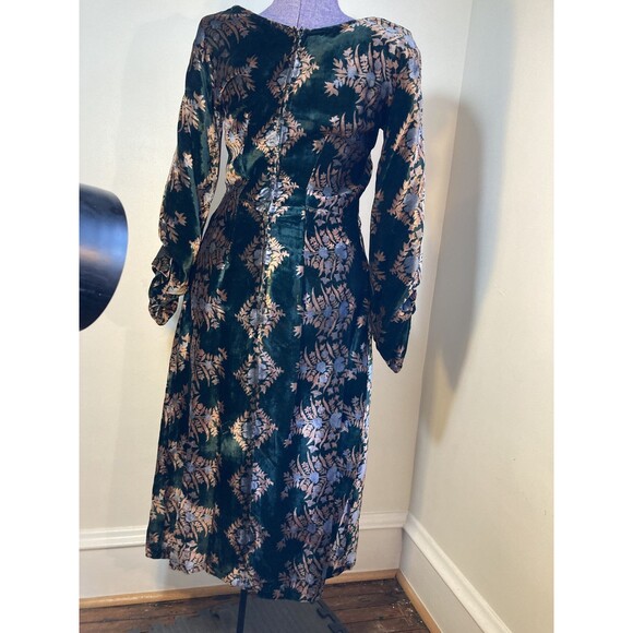 Vintage 1930s silk velvet forest green floral floor length dress gown - Picture 2 of 11